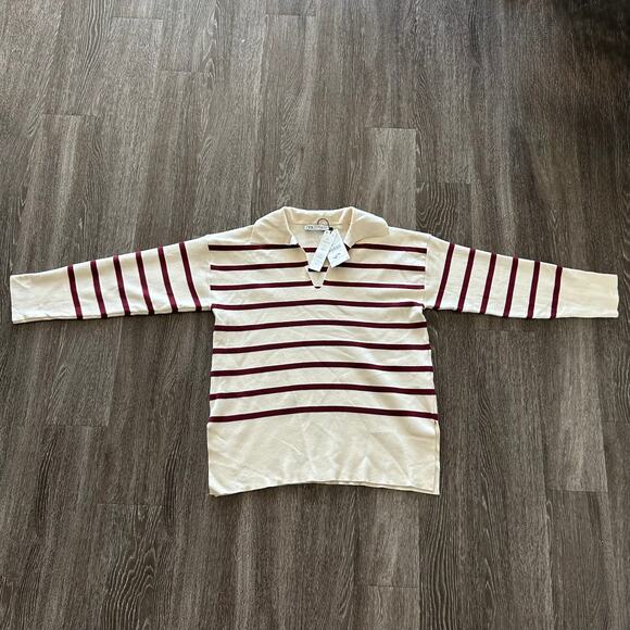 NWT Zara Oversized Striped Knit Polo Sweater Ecru Red Size Small Collared Top - Picture 6 of 16